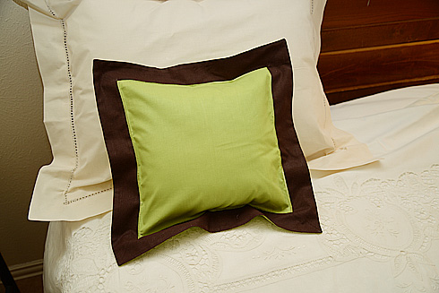 Baby Pillow Sham.12"x12" Square Macaw Green with Brown border